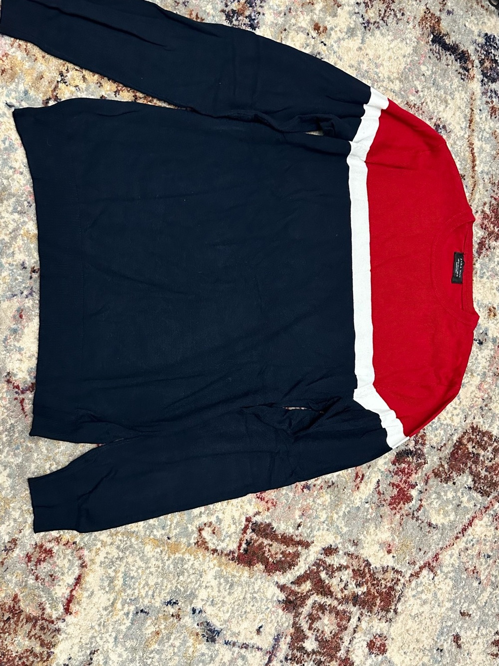 Zara Men's Red, White & Navy Colorblock Crewneck Sweater